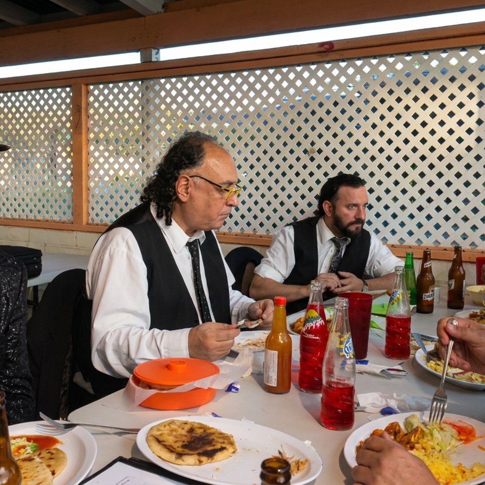 Five men in formal and theatrical attire dine together at a restaurant table with plates of food and bottled drinks.