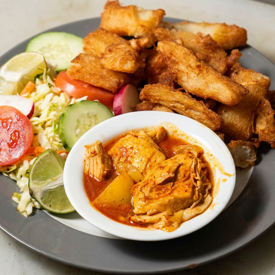 Plate of fried plantain pieces, chicken stew, shredded salad, sliced tomatoes, cucumbers, radishes, and lime wedges.