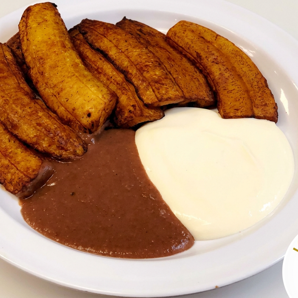 Golden fried plantains served with refried beans and cream on a white plate, alongside a Los Platanales logo.