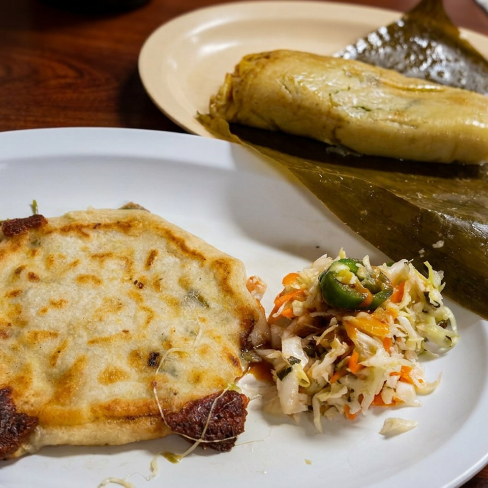 Plate with a golden stuffed pastry, shredded vegetable slaw, and a leaf-wrapped tamale on a wooden table.