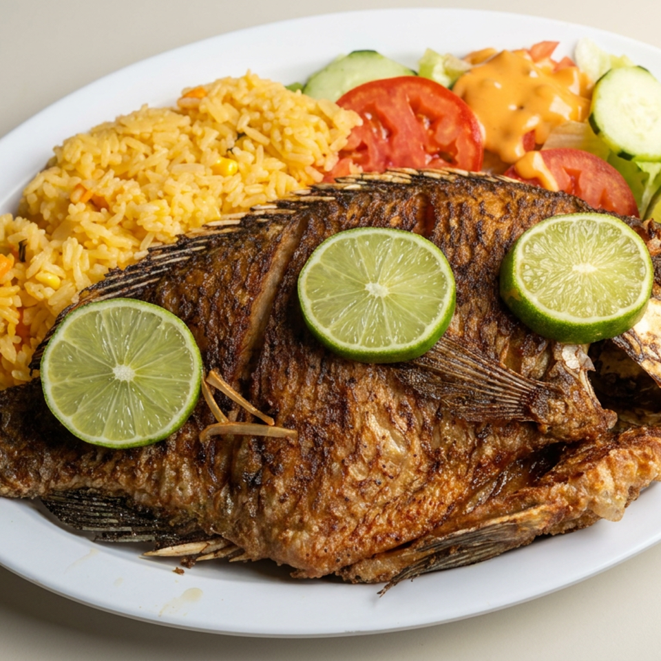 Whole fried fish garnished with lime slices, served with seasoned rice and salad on a white platter.