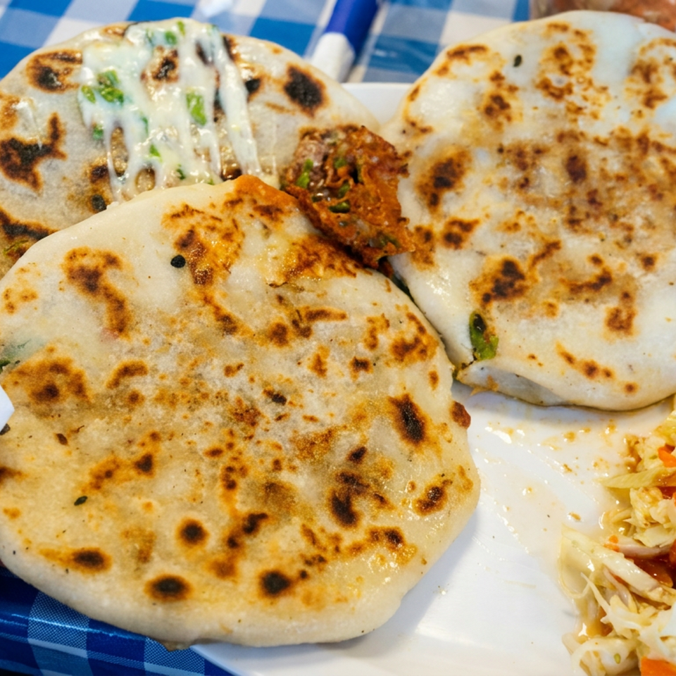 Plate of three toasted stuffed flatbreads with melted cheese, grilled meat, and coleslaw served on a blue checkered tablecloth.